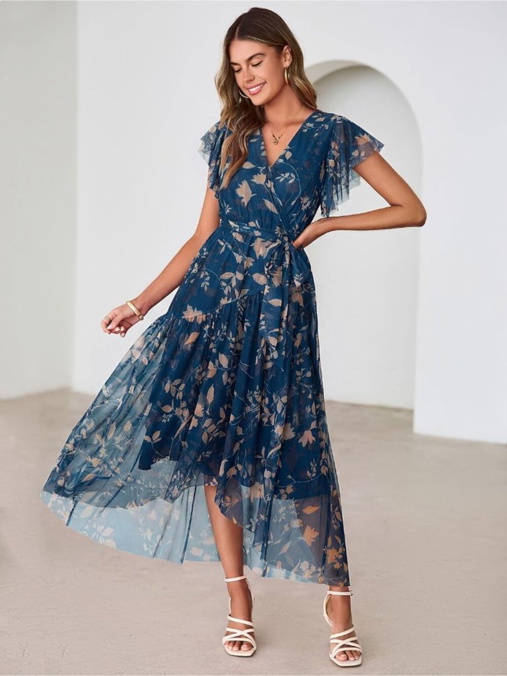 Women's Blue Ink Short Sleeve V Neck Imported Casual Mesh Floral Maxi Dress - Picture 4 of 7